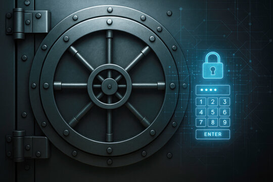 Heavy steel vault door with digital keypad and lock symbol bank vault security
