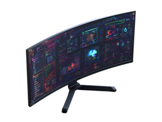  Curved LCD Computer Monitor with Dynamic Interface Display, Top-Down Angled View, Isolated on Transparent Background PNG