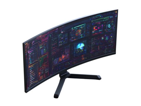 Curved LCD Computer Monitor with Dynamic Interface Display, Top-Down Angled View, Isolated on Transparent Background PNG