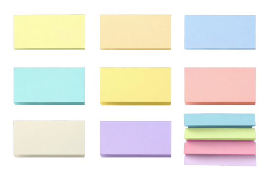 Nine pastel-colored rectangular sticky notes arranged in a grid.  Some notes overlap