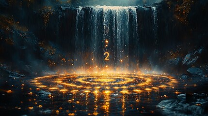 Enchanting waterfall image with glowing number two and lit circular water pattern