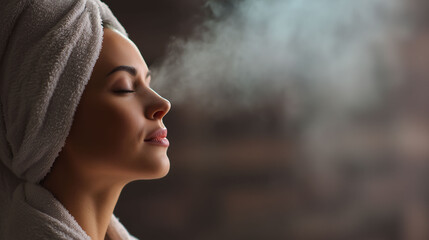 Relaxed woman enjoying steam facial with eyes closed and towel wrapped around head for spa therapy, skin care, detox, wellness, rejuvenation, beauty treatment, and peaceful self-care routine