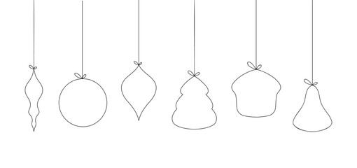 Festive Christmas tree decorations, Christmas toys, hand-drawn with one line, vector, isolated on a white background. Contour black and white drawing. An element for design, decoration, postcards