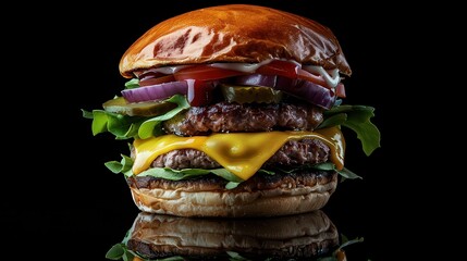 Double Cheeseburger with Juicy Beef Patties and Melted Cheese Suspended in Mid Air in Gourmet Food Photography
