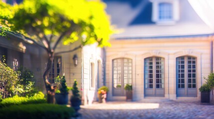 Serene courtyard with lush green tree, cobblestone ground, light-colored stone building, arched French doors, potted plants, warm sunlight, soft-focus effect, peaceful sunny day.