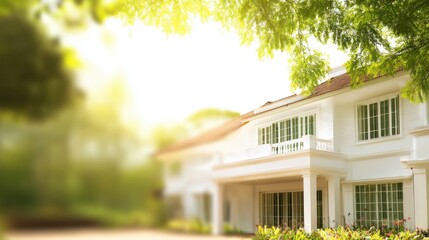 Charming two-story white house with red-tiled roof, decorative balcony, and white-framed windows bathed in warm sunlight, surrounded by lush green foliage and vibrant red and green plants in a serene,