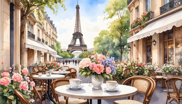 Parisian cafe street scene, sunny day