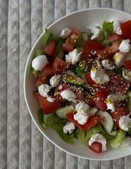 Fresh salad with tomatoes, mozarella, cucumbers, iceberg lettuce and sesame seeds