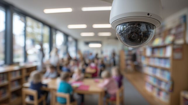 CCTV camera monitoring group of young children in library classroom for safety, education supervision, student protection, surveillance, and school security system awareness background