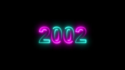 2002 neon line text. Abstract 2002 neon text animation ,Four color neon Glowing neon number 3D text background.  neon line text. Abstract  neon .Digital font against a black background 
