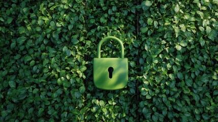 Green Padlock Embedded in Tropical Leaf Wall – Nature-Inspired Cybersecurity Concept with Vines Framing Right Side

