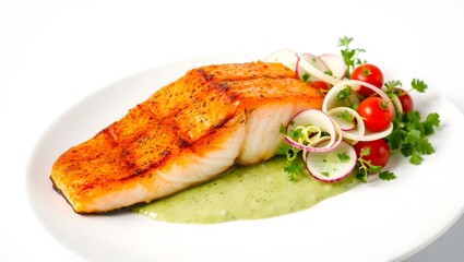 Grilled salmon steak meal with fresh vegetables and salad