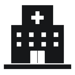 Simple Black and White Hospital Icon with Cross on Top Building