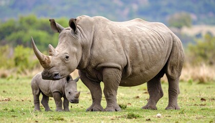 Obraz premium Rhinoceros mother and calf in grassy savanna