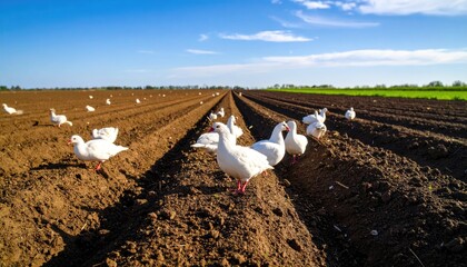 Geese on plowed field under a clear sky