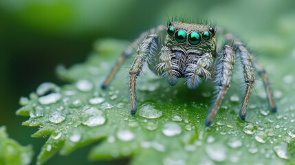 Close-up of a jumping spider on a dewy leaf (1)