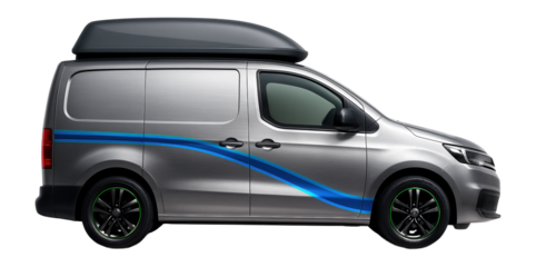 Mid-sized service vehicle with integrated roof storage box and side decals