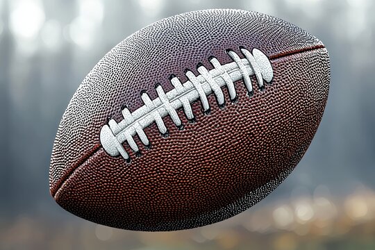 Close-up of American football ball on field with blurred background.