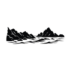 Fototapeta premium A black and white illustration of a rocky coastline with ocean waves, isolated on white background