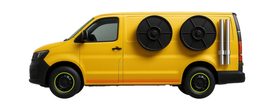 Brightly colored work van featuring side-mounted cable reels and conduit holders