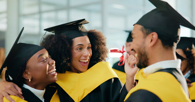 Happy people, students or graduation in celebration for qualification, degree or diploma together. Excited group, friends or graduate with smile, certificate or milestone for education or scholarship
