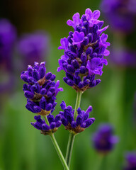 Fototapeta premium Lavender flowers vibrant purple hues stand tall against blurred green background, showcasing their delicate beauty