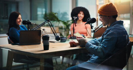Podcast, talking and people on tablet in studio with guests for interview, discussion and...