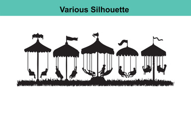 Silhouette Illustration of a Merry-Go-Round Ride: Vintage Carousel with Swinging Seats and Flags, Black and White Graphic Design Element