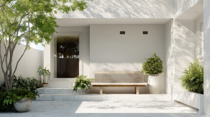Modern outdoor patio with wooden bench and lush green plants in white pots under natural sunlight
