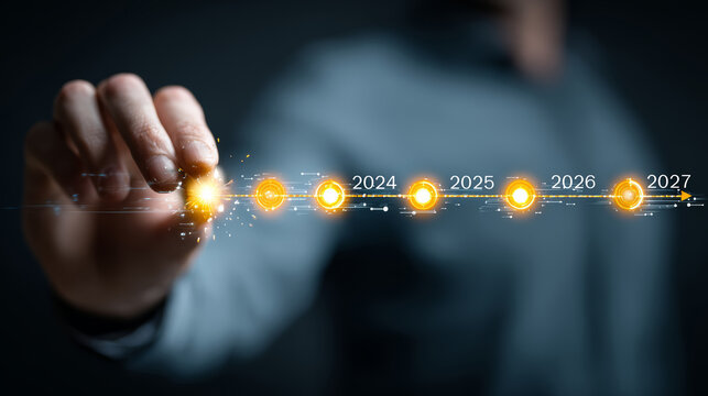 Futuristic timeline concept with glowing years 2024 to 2027 and hand interacting with digital interface, symbolizing planning and progress - Powered by Adobe