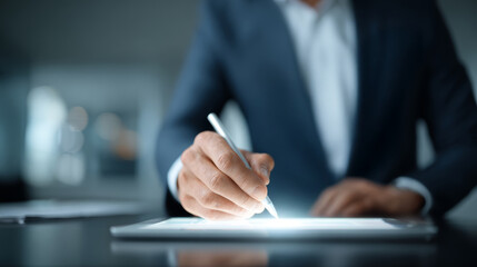 Digital tablet with stylus pen showing business data and analytics icons, professional working on technology with futuristic interface