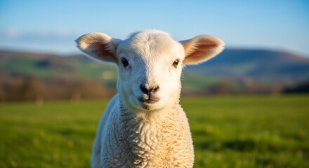 Obraz premium An adorable young lamb with white fleece gazes forward in a sunlit green meadow.