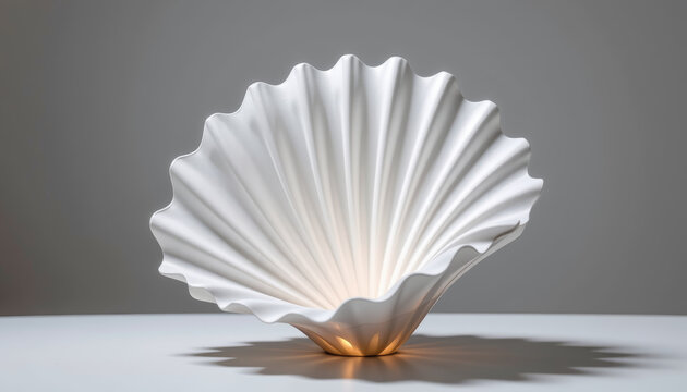 White sculptural form with soft lighting and shadow on gray background, elegant abstract design with smooth curves and delicate texture
