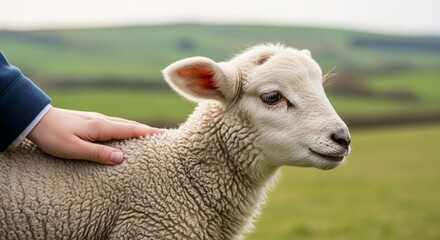 Obraz premium A person's hand gently caresses a fluffy white lamb in a green field, with a blurred background of rolling hills.