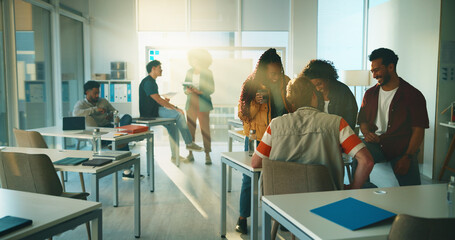Education, lecture and relax with students in classroom for discussion, college or exam feedback....