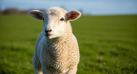 Fototapeta premium A small white lamb stands in a sunny green pasture looking curiously at the camera.