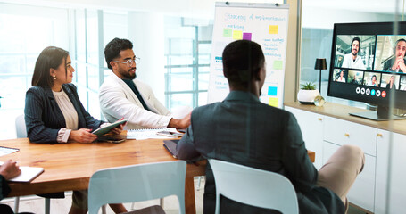 Computer screen, development and video call with business people in office boardroom for webinar....