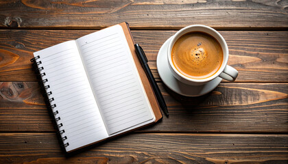 Coffee Break Inspiration: A steaming cup of coffee rests beside an open notebook and pen on a rich wooden desk, hinting at the potential for creative ideas and productivity.