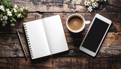 Morning Ritual: A captivating top-down shot of a morning workspace with a spiral notebook, pen, coffee, phone, and delicate flowers. inviting the essence of productivity