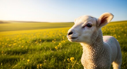 Fototapeta premium A small white lamb stands in a sunlit green meadow filled with yellow wildflowers.