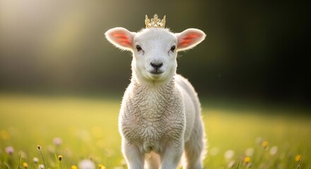 Fototapeta premium A fluffy lamb wearing a golden crown stands proudly in a sunlit meadow, looking directly at the viewer.