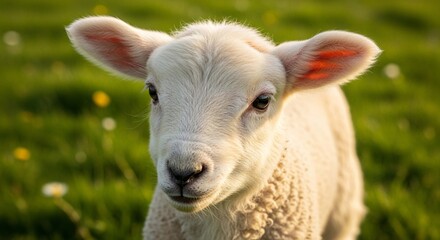 Obraz premium A close-up portrait of an adorable white baby lamb standing in a lush green meadow.