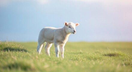 Obraz premium A fluffy white lamb stands in a sunlit green meadow under a soft, hazy sky.