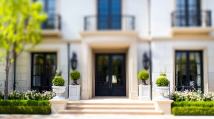 Elegant entrance of a luxurious home with dark double doors, light stone frame, white columns, and ornate planters. Featuring a large window, wrought-iron balconies, 