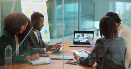 Laptop screen, tablet and video call with employee people in boardroom for online planning. App,...