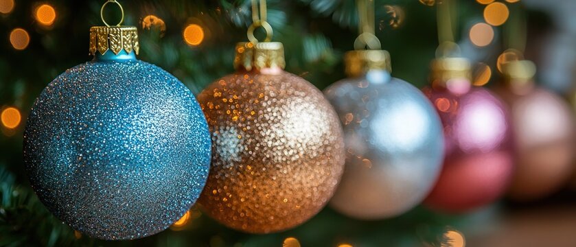 Close-up of four glittering ornaments hanging on a decorated Christmas tree, showcasing a bokeh effect from the lights