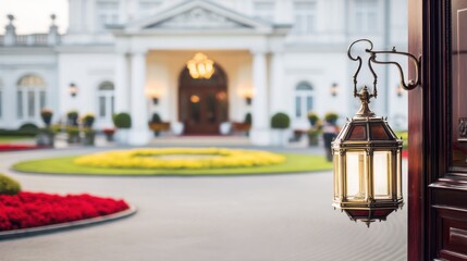 Vintage-style brass lantern mounted on dark wooden door with ornate curved arm, grand white building featuring classical columns, arched windows, illuminated entrance, chandelier, trimmed greenery, 