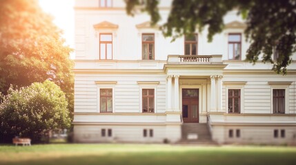 Stately white mansion bathed in warm golden sunlight with large dark-framed windows, grand entrance, double wooden doors, and small balcony. Lush green trees flank the building, 
