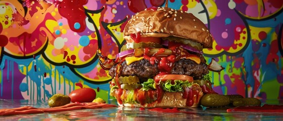 Double Patty Burger Tossed with Pickles and Cheese Against Miami Pop Art Backdrop