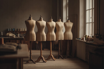 A warm, fashion workspace featuring vintage and modern dress forms, fabric pieces, and sewing tools. 